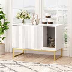 Cat Litter Box Enclosure, Fluted Hidden Litter Box Furniture with Scratch Pad and Metal Legs, Modern Enclosed Cat Cabinet