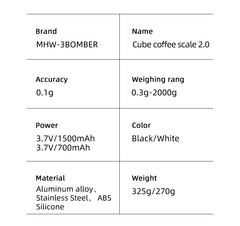 MHW-3BOMBER Digital Kitchen Coffee Scale 2000g/0.1g High Precision Cyclic Rechargeable Electronic Scale Home Barista Accessories