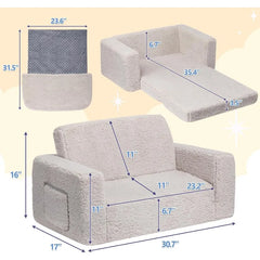 Fold Out Toddler Couch, Extra Wide Comfy 2-in-1 Cuddly Sherpa Sofa for Kids, with Removable Baby Friendly Blanket, Convertible