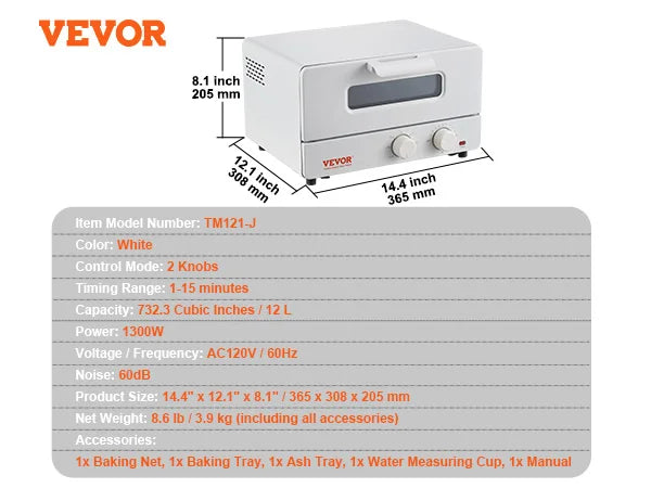 VEVOR 5-IN-1 Steam Oven Toaster 12L Convection Oven 1300W Steam Toaster Oven Countertop Combo with Grill Pizza Pan Gloves White