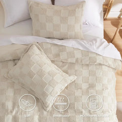Boho Duvet Cover King Size - Checkered King Duvet Cover Set for All Seasons, 3 Pieces Soft Shabby Chic Embroidery Boho Bedding