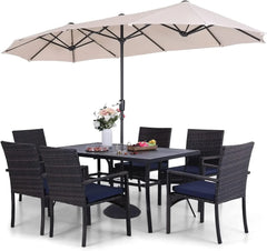 Patio Outdoor Table and Chairs Set with Umbrella Beige, Patio Dining Sets for 6, 7 Pieces Patio Table Set Clearance