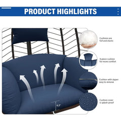 Egg Swing Chair Wicker Rattan Hanging Chair with Stand 350lbs Capacity W/Strong Frame & Dark Blue Cushions, Hammocks