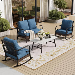 4 Piece Metal Outdoor Patio Furniture Set, Patio Conversation Sets 2-Seater Sofa, 2 Single Sofa and Coffee Table