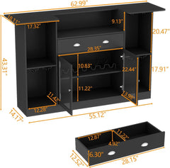 Bar Table Cabinet with LED & Drawer, Mini Liquor Bar with 8-Tier Storage & Stemware Holder（Black）