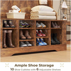 Hall Tree with Bench and Shoe Storage, 5-in-1 Entryway Bench with Coat Rack, 10 Shoe Cubbies & 9 Coat Hooks, Barn Door & A