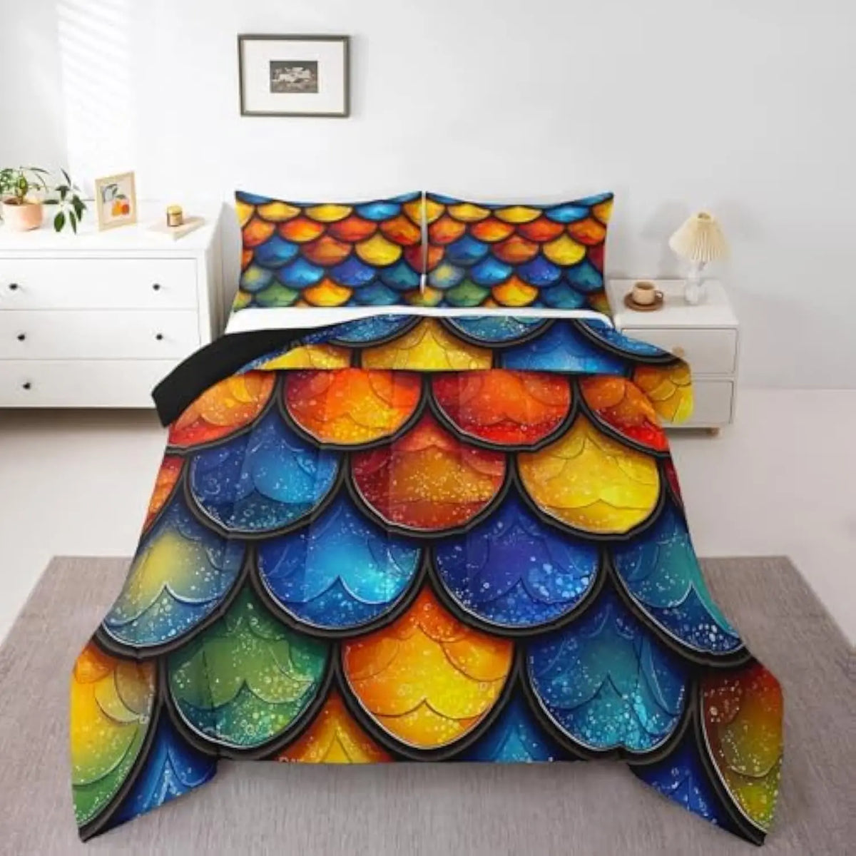 Mermaid Comforter Set Twin,Teal Glitter Fish Scales Duvet Insert for Kids Teens Adult,Geometry Wild Animal Bedding Set,Fish Hu