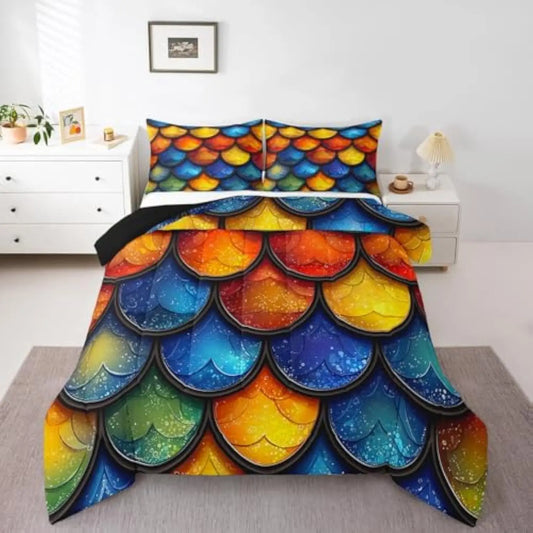 Mermaid Comforter Set Twin,Teal Glitter Fish Scales Duvet Insert for Kids Teens Adult,Geometry Wild Animal Bedding Set,Fish Hu