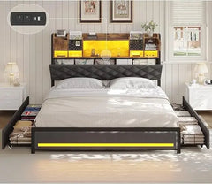 Queen Bed Frame with Headboard and 4 Under-Bed Storage Drawers, Upholstered Bed Frame Queen Size with LED Light and Charging Sta