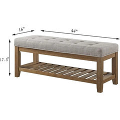 Bench, Large Rectangular Upholstered Tufted Linens Fabric Ottoman Benches, Padded Benches with Solid Wood Shelf-Linen, Bench