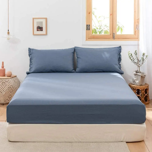 Simple&Opulence 1Pc Linen Cotton Fitted Sheet 14 Inch Deep Pocket Mattress Cover Natural Flax Breathable Bedding Set Bedsheet