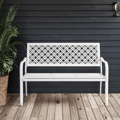 patio Farmhouse Outdoor Bench, Garden Benches with Anti-Rust Aluminum Powder Coated Frame, Faux Wood Grain Finish Frame