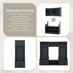 Wide Hall Tree with Storage Bench, Wood Coat Rack with Cabinet and 7 Hooks, Mudroom Organizer with Shoes Storage Cubbies
