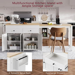 74.5" Rolling Kitchen Island on Wheels with Extendable Dining Table, Storage Cart with 4 Door Cabinet, Spice Rack