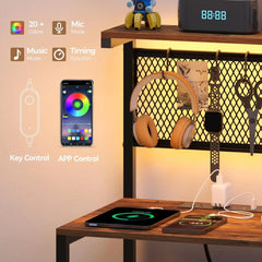 Tall Nightstand with Charging Station and LED Lights, Large Night Stands with Fabric Drawers, Bedside Table with Storage Shelves