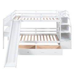 Wood Twin Over Twin Bunk Bed with Desk and Slide,Drawers Bookcase and Storage Staircase for Kids, White