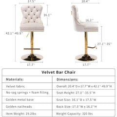 Velvet Swivel Bar Stools Set of 4 with Upholstered Back, Adjustable Counter Height Barstools, Bar Chairs for Home Bar Kitchen