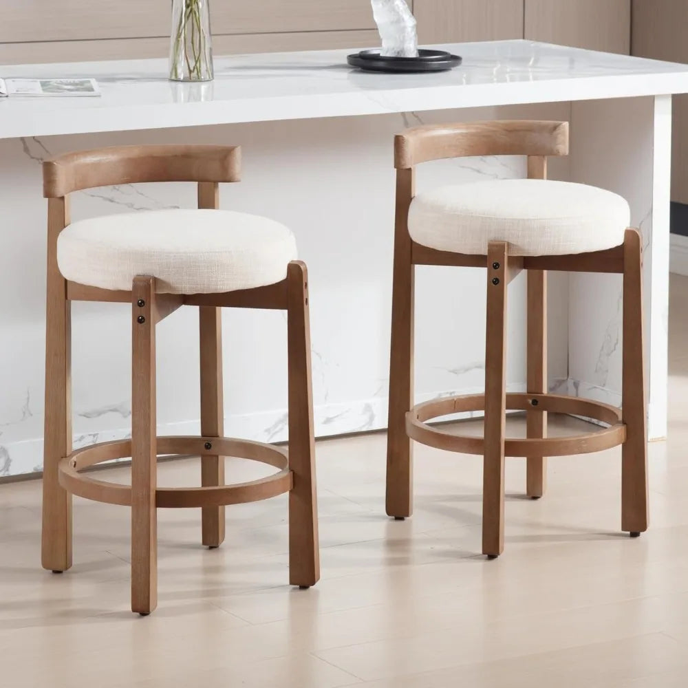 Mid Century Modern Bar Stools Set of 2, Counter Stools with Back, Linen Upholstered Barstools with Solid Wood Legs Bar Chairs