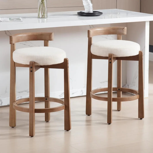 Mid Century Modern Bar Stools Set of 2, Counter Stools with Back, Linen Upholstered Barstools with Solid Wood Legs Bar Chairs