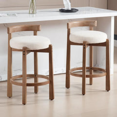 Mid Century Modern Bar Stools Set of 2, Counter Stools with Back, Linen Upholstered Barstools with Solid Wood Legs Bar Chairs