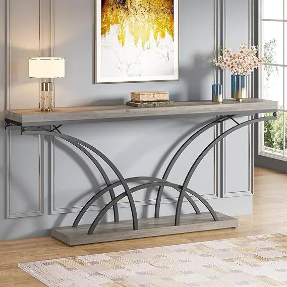 70.9 Inch Extra Long Console Table for Entryway, Gray Sofa Table with Wood Tabletop, Modern Accent Tables with Half-Moon Shape