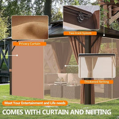 12'x16 'hard Top Pavilion, Outdoor Polycarbonate Double Roof Pavilion with Aluminum Frame, Mesh, and Curtains Gazebo