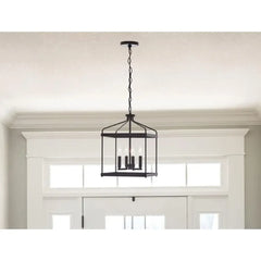 Adjustable Height Black Lantern Pendant Light 4-Light Candlestick Cage Chandelier
