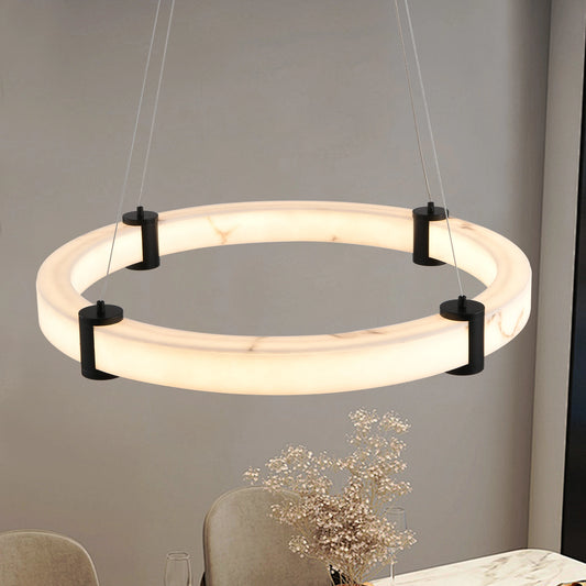 23.6Inch Round LED Pendant Light Hanging Chandelier - Adjustable Height - Imitation Marble Finish Resin Ring- Dimmable Ceiling