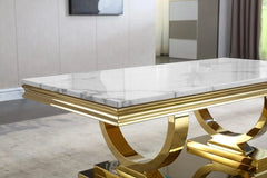 47" White Faux Marble Coffee Table with Gold Stainless Steel Base – Modern Luxury Center Table