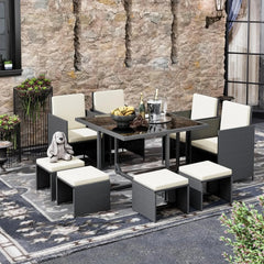 9 Pieces Patio Dining Sets Outdoor Conversation Sets, Space Saving Wicker Chairs with Glass Table and Ottomans,Cushioned Seating