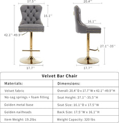 Velvet Swivel Bar Stools Set of 4 with Upholstered Back, Adjustable Counter Height Barstools, Bar Chairs for Home Bar Kitchen