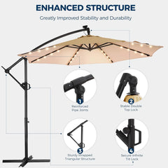 10ft Solar Lights Offset Cantilever Patio Umbrella - with Light and Base, LED Lighted Offset Hanging Patio Outdoor Market