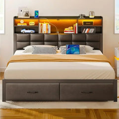 Queen Size Bed Frame with Drawers & Charging Station, Upholstered Platform Bed with LED Storage Headboard