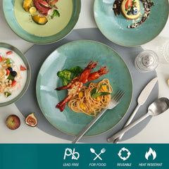 16-Piece Dinnerware Set - Round Plates & Bowls in Green & Grey