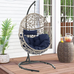 Outdoor Furniture Egg Chair Swing with Stand and Cushion, for Garden Patio Backyard Lawn, Wicker Tear Drop Hammock Chair