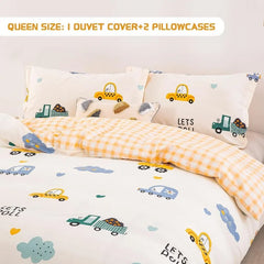 Kids Duvet Cover Set Full Size, Cotton Cartoon Car Truck Bedding Set for Boys Girls, 3 Pieces Soft Breathable White Yellow Plaid