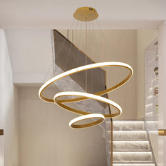 Modern LED Chandelier for High Ceiling, Dimmable 3-Ring Gold Pendant Light with Remote Flush Mount Ceiling Light for Living Room