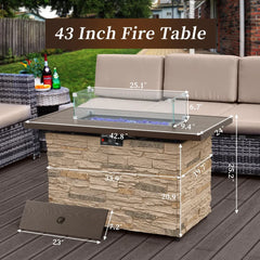 43" Propane Fire Pit Table, Outdoor Stone Firepit Table, Rectangular 50000 BTU Propane Fire Tables for Outside