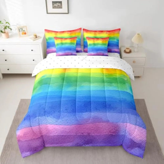 Rainbow Bed in a Bag Queen Comforter Set 7 Piece,Watercolor Stripes Bedding Sets Gradient Tie Dye Striped Sheet Set with Comfo