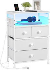 Nightstand with Charging Station, Bedside Table with 4 Drawers and 2-Tier Shelf, Modern End Table with Wooden Top for Bedroom,
