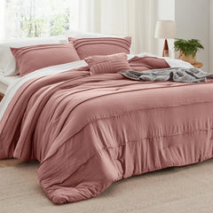 Bedsure King Comforter Set - 4 Pieces Grid Pleat Bed Set, Beige Boho Bedding for All Season, 1 Soft Comforter, 2 Pillowcases, 1