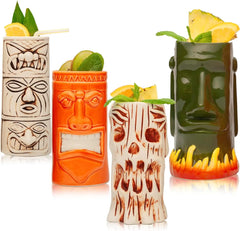 Hard-Carved and Hand-Painted Tiki Mugs Assorted Cocktail Set Party Event Mugs Drinkware, Cute Exotic Cocktail Glasses