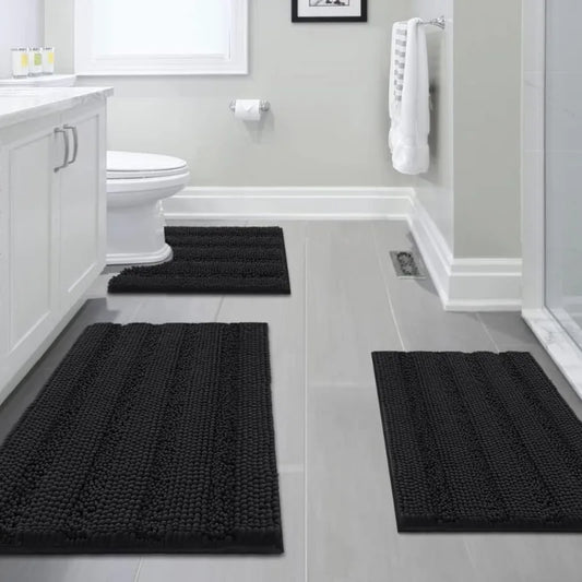 3 Piece Bathroom Rugs Sets Thick Striped Bath Rugs Set for Bathroom Non Slip Soft Absorbent Bath Mat Set for Tub