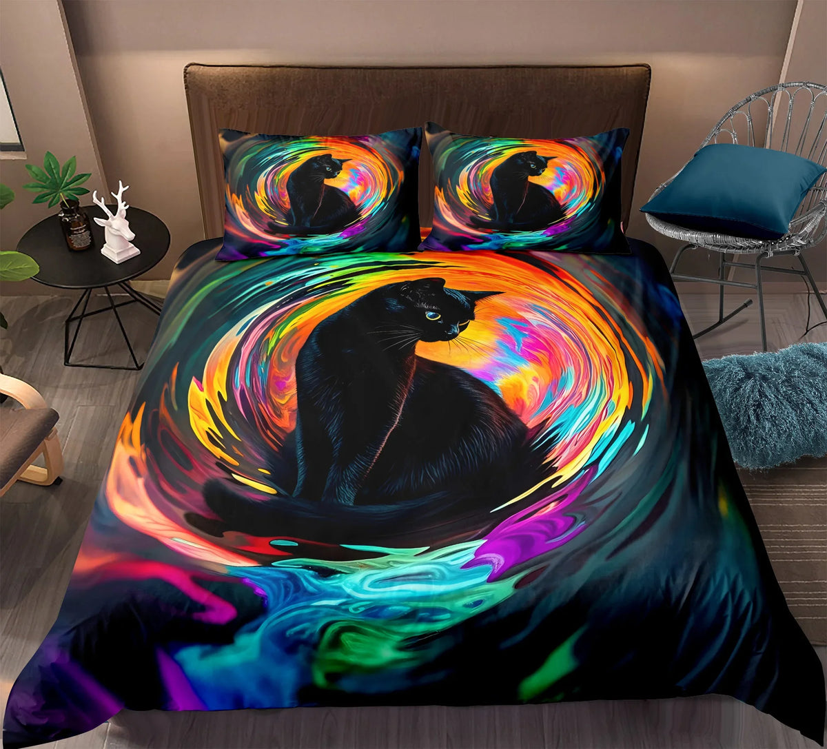 Black Cat Duvet Cover Set Cartoon Cat Bedding Set for Kids Boys Girls Mysterious Void Individual Pillowcase, Duvet Cover or Set