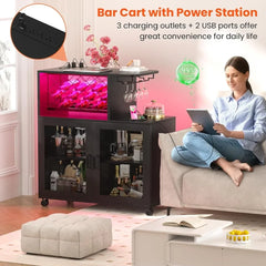 Wine Bar Cabinet with Wheels, Small Liquor Cabinet with LED Light, Coffee Bar with Wine Rack, Home Bar Cart with Power Outlets