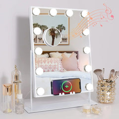 White Vanity Mirror with Lights, Wireless Charger, Bluetooth Speaker, 12 LED Bulbs Makeup Mirror