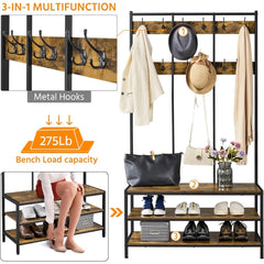 Hall Tree Entryway Coat Rack with Bench, Large Hall Tree with Wooden Shoe Storage & 24 Hooks for Entryway, Sturdy Meta