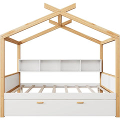 Full Size House Bed with Storage Drawers for Kids,Full Kids Bed Frame with Bookshelves,Wooden House Frame for Girls,Boys