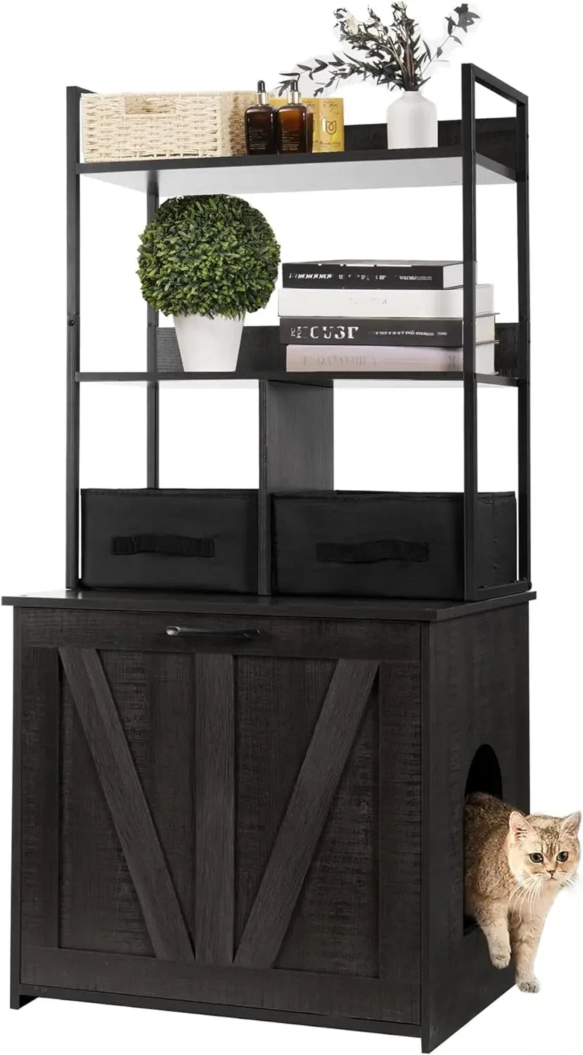 Litter Box Enclosure with 2 Storage Shelves and 2 Drawers, 2-in-1 Hidden Cat Litter Box Enclosure Furniture with Shelf