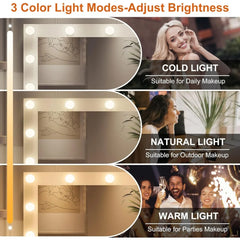 Vanity Makeup Desk with Mirror and Lights, Glass Top Vanity with 3 Color Lighting Modes & Power Outlet, Dressers for Bedroom